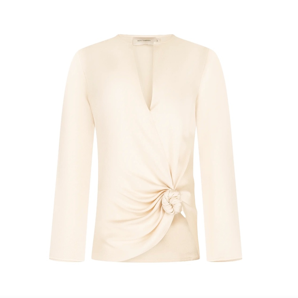 SILVIA TCHERASSI Tayra Knot Surplice-Neck Blouse Vanilla $890 Like New XS